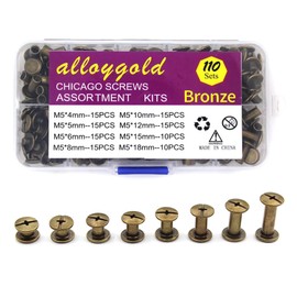 Alloygold Juego de 110 juegos de 8 tamaños de tornillos de encuadernación Chicago con botones de Chicago para bricolaje, adornos de cuero, tornillos de cabeza redonda (M5 x 4, 5, 6, 8, 10, 12, 15, 18) (bronce)
