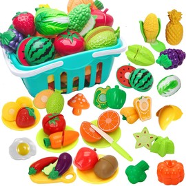 Juguetes para cortar frutas, juguete de frutas y verduras para niños,Juguetes de cocina con frutas y verduras Plástico,Cesta de almacenamiento,Kit de educación culinaria, Mini Alimentos y Herramientas,Juguetes, Juguete Educativo para Regalo del día de lo