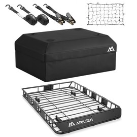 ARKSEN 54 x 39 x 5 Inch Upgrade Universal Roof Rack with Waterproof Bag, Cargo Net&2 Ratchet Straps - 150Lbs Capacity Heavy Duty Rooftop Cargo Carrier with Extension for Car, SUV & Pickup