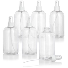 12 oz Clear Plastic PET Squat Boston Round Bottle (BPA Free) (6 pack, White Fine Mist Spray)