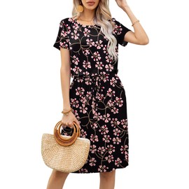 levaca Womens Summer Casual Dress Belly Drawstring Beach Short Sleeve 2025 Midi Sundress with Pockets Floral Black L
