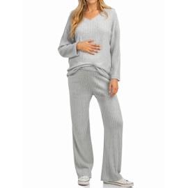 Yousify Womens Maternity Pajamas Sets 2 Piece Outfits Ribbed V Neck Long Sleeve Knit Tops Pants Pregnancy Loungewear Grey