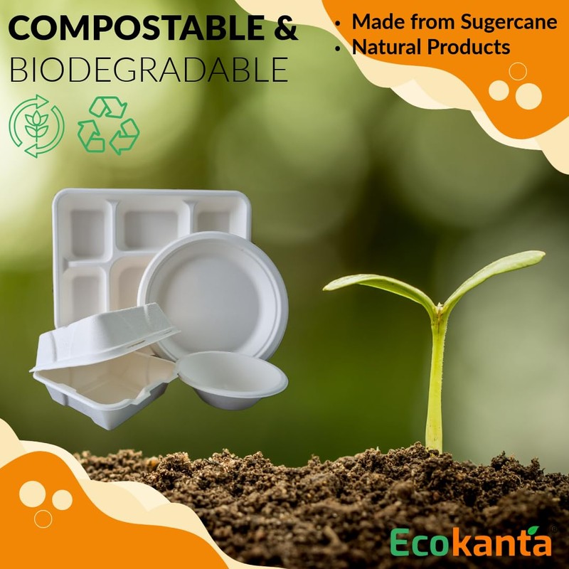 Ecokanta 100% Compostable 6-Compartment Dinner Plates - Eco-Friendly, Biodegradable Sugarcane