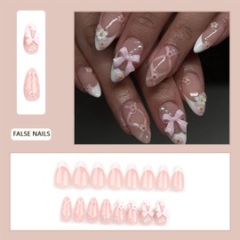 24pcs Medium False Nails - French White Tip Pink Stick on Nails Flower - Press on Nails with Pink Bow Removable Glue-on Nail - Acrylic Full Cover Fake Nail Women Girls Nail Art Accessories