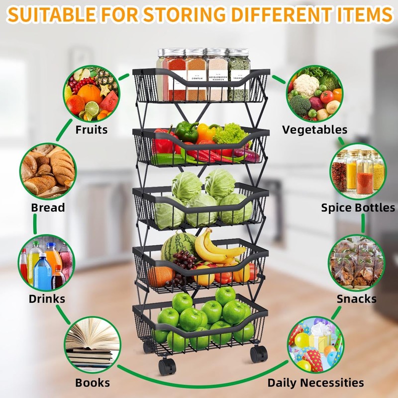 Newzealkids Fruit Vegetable Storage Basket 5 Tiers Stackable Metal Wire