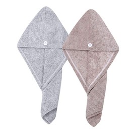 M-bestl 2 Pack Hair Drying Towels, Hair Wrap Towels, Super Absorbent Carbon fiber Hair Turban Towel with Button Design to Dry Hair Quickly（star gray& star pink