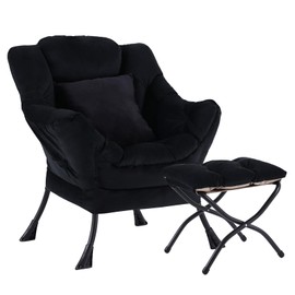 YOTATING Lazy Chair with Ottoman, Comfy Reading Lounge Chair with Footstool & Throw Pillow Modern with Armrests & Side Pocket for Living Room, Bedroom, Dorm Room, Velvet Black