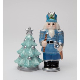 Fine Ceramic Christmas Winter Wonderland Nutcracker with Christmas Tree Salt & Pepper Shakers Set, 4-1/2" H