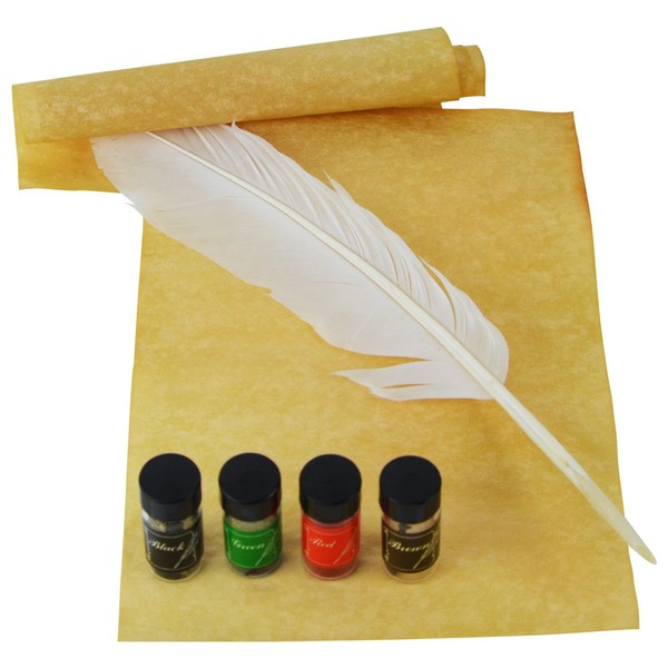 Treasure Gurus Antique Style Writing Desk Set - Feather Quill Nib Pen 4 Color Ink Inkwell Refill