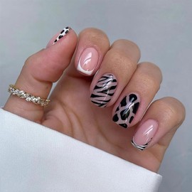 French Tip False Nails - 12 Sizes Short Square Press on Nails - Leopard Print Stick on Nails - 24pcs Pink Fake Nails with Glue - Full Cover Summer Acrylic Nails Stick on Nails for Women Girls