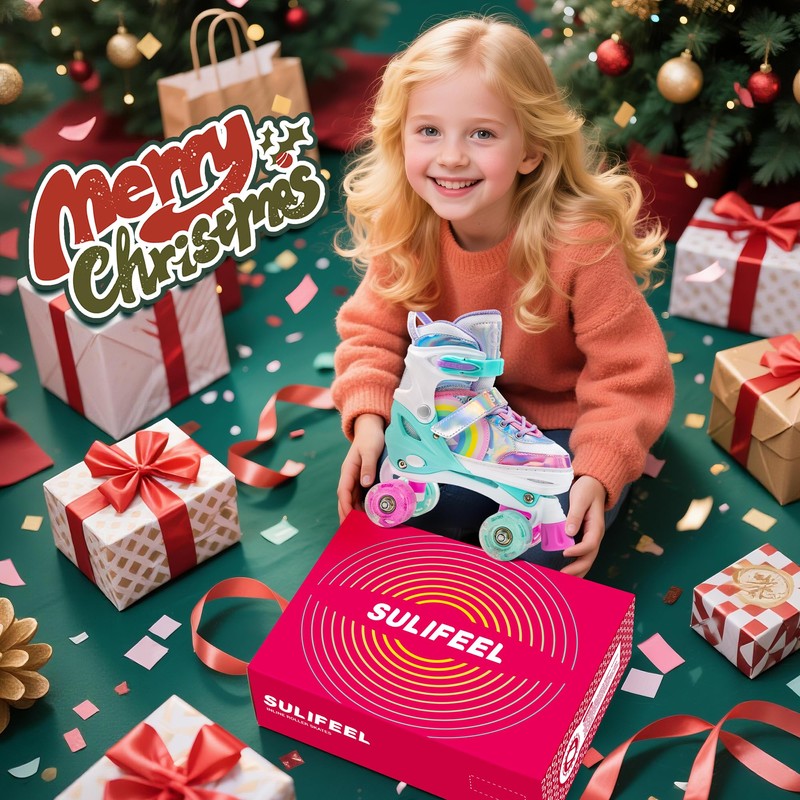 SULIFEEL Rainbow Unicorn 4 Size Adjustable Roller Skates for Girls