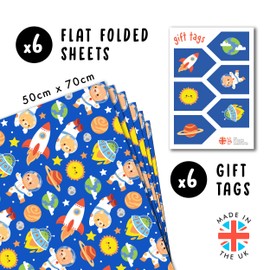 CENTRAL 23 Space Wrapping Paper - 6 Sheets Of Gift Wrap - Animal Space - Rocket Ship Moon Star Sun - Boys Wrapping Paper Birthday - Comes With Stickers