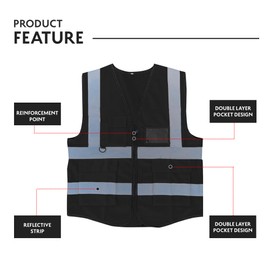 Vasego - Hi Visibility Executive Reflective Safety Vest for Men & Women with Multi pockets with zipper -Class 2 Utility High Viz vest for adults with reflective strips (Black, L)