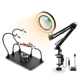 Helping hands Soldering with Magnifying Desk Lamp, PCB Circuit Board Holder, 3 Color Modes, 5-Diopter Real Glass Lens, Adjustable Swivel Arm & Heavy Duty Base Plate for Soldering