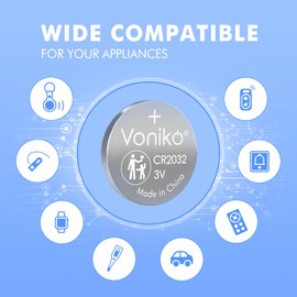 Voniko CR2032 3V Lithium Batteries 10 Pack for Child Safety, Compatible with AirTag, Key Fobs, Thermometers, Scales – 7 Years Shelf Life