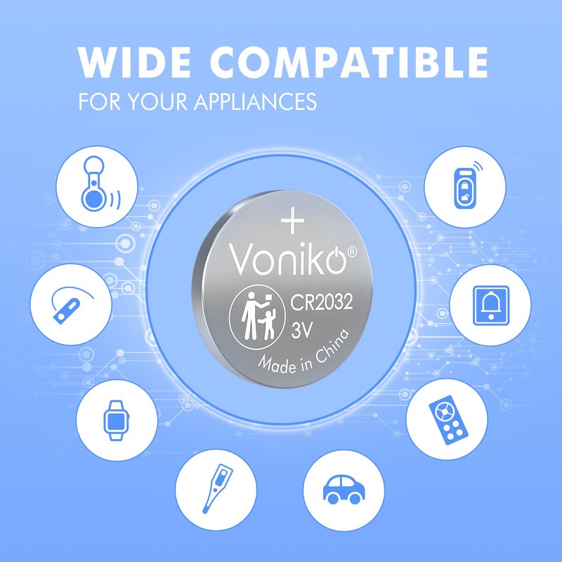 Voniko CR2032 3V Lithium Batteries 10 Pack for Child Safety,