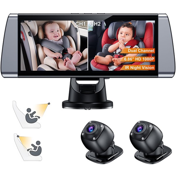 BOEYOS Baby Car Camera, Dual Channel 6.86 inch Display with