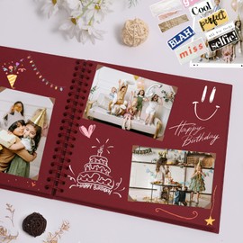 Scrapbook Álbum de Recortes de 25.4x25.4 cm con Papel Kraft de Tapa Dura y Ventana Álbum de Fotos 20 Hojas Libro de Recuerdos para Familia Boda Bebe, Rojo