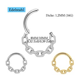 Lantine 316L Stainless Steel 16G (1.2mm) Septum Piercing Ring - Chain Design Sizes 8mm & 10mm Steel Gold Tone Hypoallergenic Septum Helix Cartilage Rook Conch Velvet Pouch, Stainless Steel
