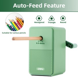 Deli Manual Pencil Sharpener, Auto-in Hand Crank Pencil Sharpener with Adjustable Point for Pencils and Colored Pencils, Pencil Sharpener for Kids, Students, Classroom, Home and Office, Green