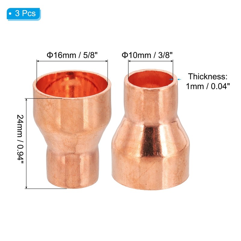 PATIKIL 5/8" to 3/8" ID Copper Reducer, 3pcs 99.9% Pure