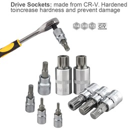 Spline Bit Socket Set 10pcs, 1/4", 3/8" & 1/2" Drive Triple Square Bits XZN Spline Sockets M4 - M18, S2 Steel and Chrome Vanadium Steel Made