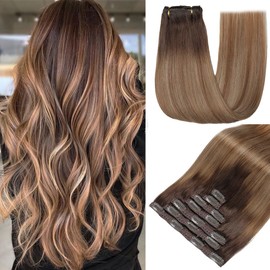 GUDOZO Clip-In Real Hair Extensions, 7 Pieces, 60 cm, 120 g, Chestnut Brown to Light Brown with Light Blonde, Invisible Clip Extensions, Real Hair Extensions (24 Inches, 2/6/18 K#)