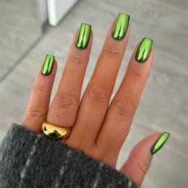 Mirror Metal Green Press on Medium Short Square Chrome Glazed Short Gel Nails Press Ons Shiny Plating Acrylic Reusable Thick Fake Glue on Nails Medium Length