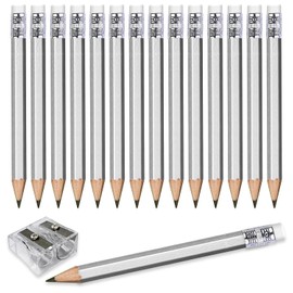Adhere 25pcs Golf Pencils with eraser Hexagon Wooden Pencils Graphite 2B for Golf Event Scoring,Classroom,Wedding,Company Meetings,Pew, Pocket (Silver)