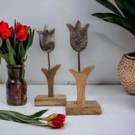 BUSDUGA 4120 Stand Tulip Set of 2 Mango Wood 26.5 x 10 x 5 cm Table Decoration Spring Easter Sculpture