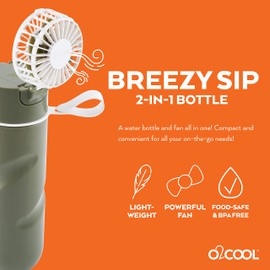 O2COOL Breezy Sip Water Bottle With Removeable Handheld Battery Powered Fan (Olive)