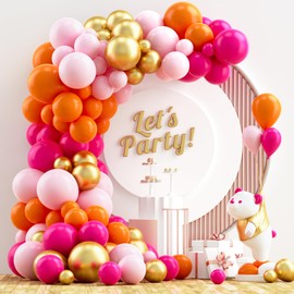 NISOCY Pink and Orange Balloons Arch Kit, 120PCS Hot Pink Light Pink Orange and Metallic Gold Balloons Garland Kit for Birthday Baby Shower Graduation Wedding Tropical Party Decorations