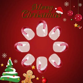 Christmas Press on Nails Short Oval Fake Nails with Blood Red Santa Hat French Tip Designs Xmas Glue on Nails Glossy False Nails Press ons Glitter Stick on Nails for Women 24 Pcs