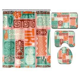 4 Pcs Summer Tropical Shower Curtain Sets with Rugs Exotic Retro Tiki Bathroom Set Seamless Home Bath Bathtub Decor Durable Curtains Mats for Bathroom Decor 72 x 72 Inch