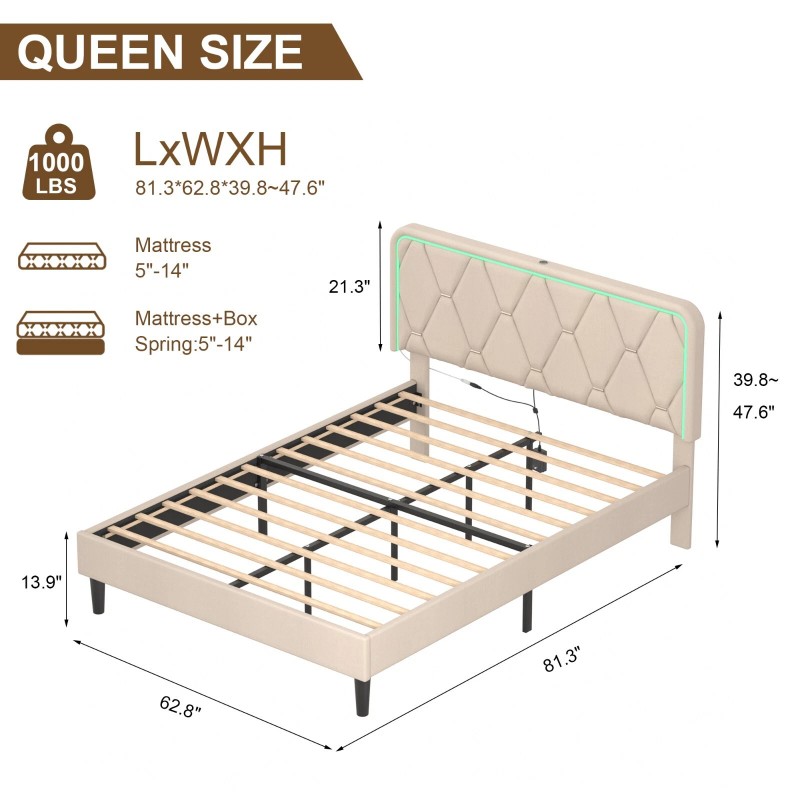 Vecelo LED Light Queen Full Twin Bed Frame with USB