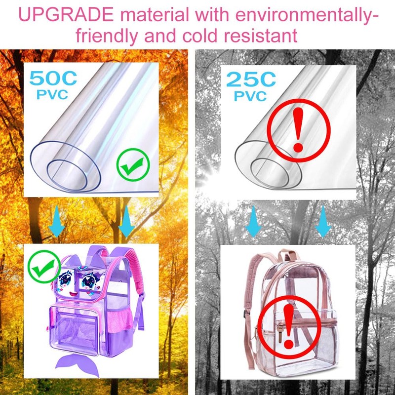 KLFVB 3PCS Girls Clear Bookbag, 15" Mermaid Transparent Backpack for