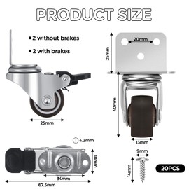 Vasmeiy Set of 4 Furniture Castors 32 mm, Swivel Castors 2 with Brakes and 2 Without Castors for Furniture with Screws, Rubber Castors Heavy Duty, Transport Castors for Baby Cot, Cupboard, Flower