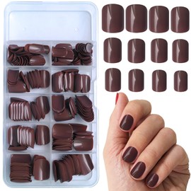 Bellelfin 240pcs Short Press on Nails Full Cover Short Square Fake Nails Brown Glossy Acrylic Artificial False Nail Tips with 5 Sheets Adhesive Glue Tabs for Women and Girls Fingernails Design
