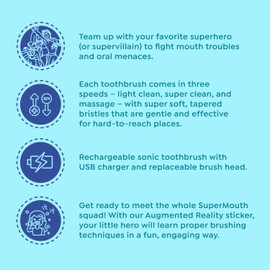 SuperMouth Smile Sidekick Sonic Toothbrush for Kids – Rechargeable, 3 Brushing Modes, Ultra-Soft Bristles, 2-Min Timer, Replaceable Brush Head – Includes Augmented Reality Sticker to Teach Brushing