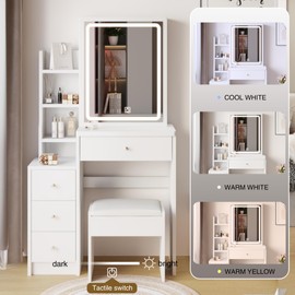 KEIKI Makeup Vanity Desk with Sliding Mirror and Lights, Small Vanity Table with 4 Drawers & Cushioned Stool, Bedroom Dressing Table with Shelves for Girl, 3 Color Modes & Adjustable Brightness, White