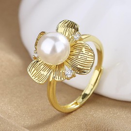 CUSIOALQQ Fashion Flower Pearl Ring for Women Sterling Silver Cubic Zirconia Dainty Open Ring Faux Carved Classic Style AAA Pearl Jewelry Princess Statement Flower Ring Gift for Women Gold