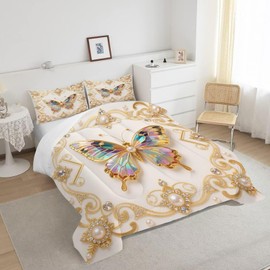DJNEAR Gold Butterfly Comforter Set Queen: Animal Bedding Sets for Kids Teens Girls Women 3D Colorful Diamond Butterflies Quilt Bedroom Decor 1 Comforter 2 Pillowcases
