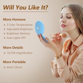 intion Travel Mirror with Light, 1X/10X Magnification Compact Mirror, 4" Rechargeable LED Purse Mirror, Dimmable 3 Color Temperature, Portable Lighted Pocket Mirror, Blue