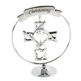 Crystocraft Keepsake Christening Cross Gift Ornament - Chrome Plated with Swarvoski Crystal Elements