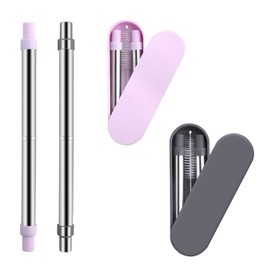 GWAWG 2-Pack Portable Retractable Stainless Steel Collapsible Reusable Straw Metal - Stainless Steel Straw and Cleaning Brush (Grey Blue and Light Pink)