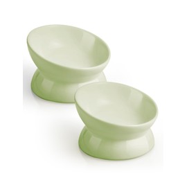 LoeJan Elevated Cat Food Bowl, 5 Oz Ceramic Raised and Tilted Water Bowl, Anti Vomiting and Protect Pets' Spines Dishes for Small Dog, Fat Faced Cat, Kitten (Green, 2 Pack)