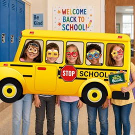 Back to School Photo Props, 17Pcs Back to School Decorations Photo Props with School Bus Frame and First Day of School Photo Booth, School Bus Back to School Props for First Day of School Decorations