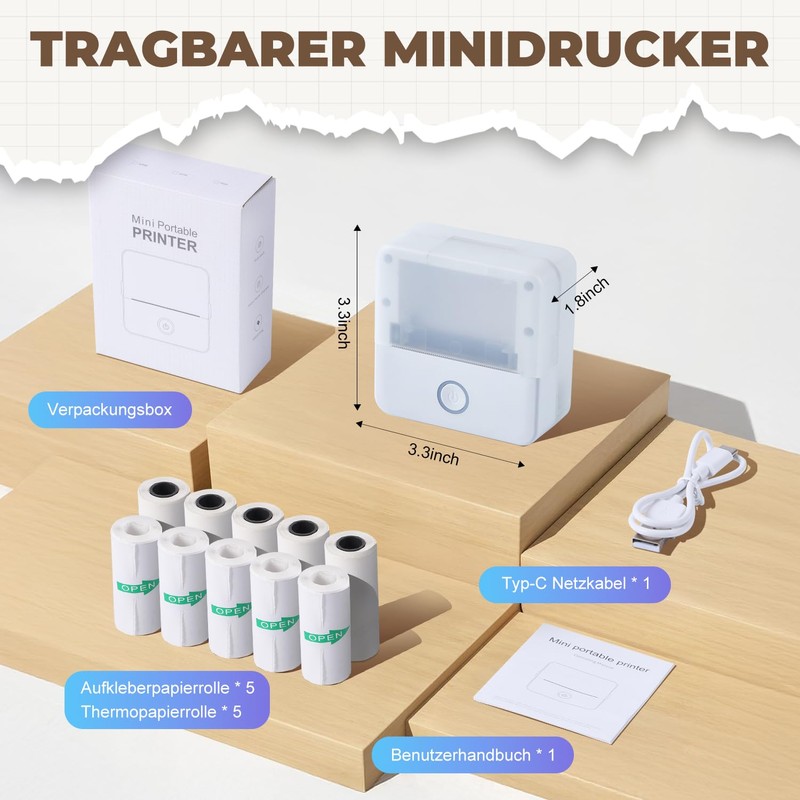 PRAOAHEI Mini Printer, Portable Photo Printer with 10 Rolls of