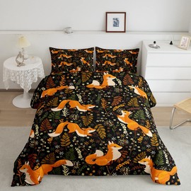 Erosebridal Cute Fox Comforter Set Full Size,Cartoon Fox Bedding Set for Kids Boys Girls,Woodland Leaves Plants Quilt Set,Colorful Kawaii Jungle Animal Duvet Insert with 2 Pillow Shams Warm