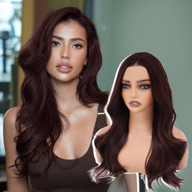 Reddish Brown wig-Glueless Wig Synthetic Lace Front Wigs 13X4 Pre Plucked Pre Cut Wavy Wig
